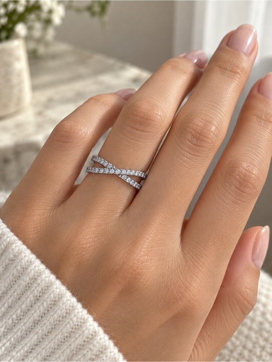 Jewelry - 0.53ct D Round Moissanite Crisscross Pavé Band Ring Sterling Silver GRA Cert.
